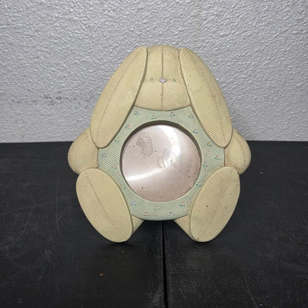 Vintage Pale Yellow Bunny Rabbit Shaped Photo Frame with Floral Accents & Stand